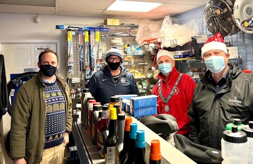 Greg with Cllr Matthew Walsh and Cllr Andy Ball at Risboro Car and Cycle Parts in Princes Risborough.