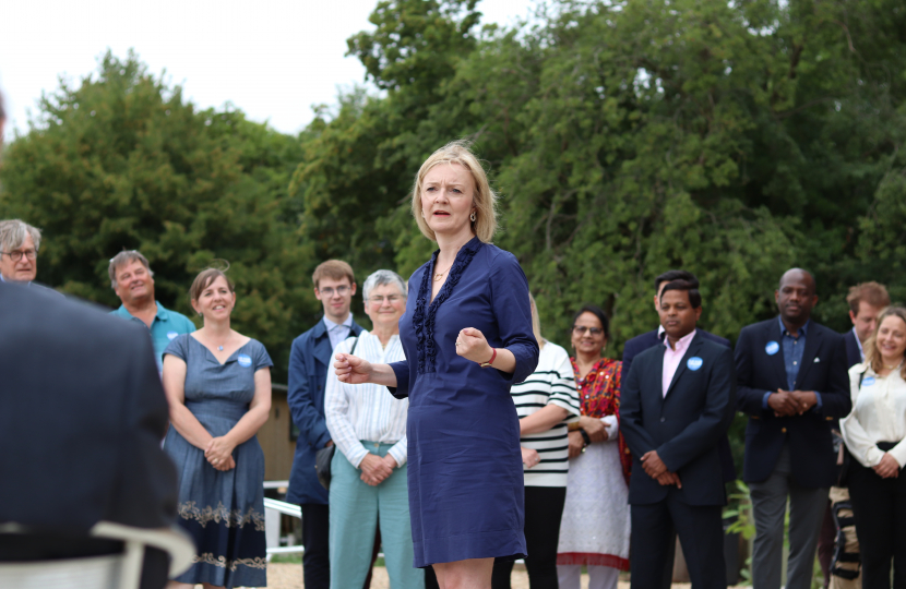 Liz Truss addresses the crowd at Waddesdon Cricket Club.