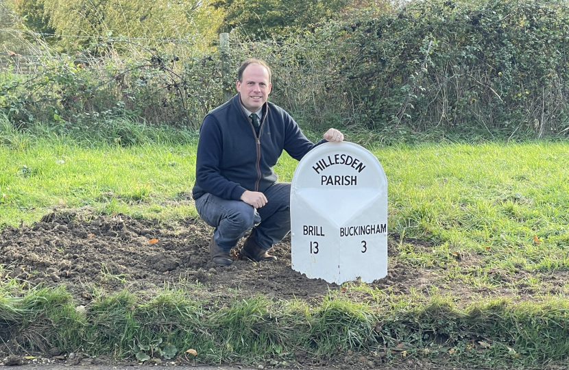 Greg visits restored mile-marker in Hillesden