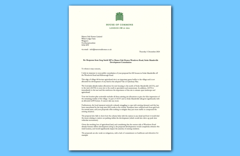 Letter to Manor Oak Homes Opposing 650-house Development in Stoke Mandeville