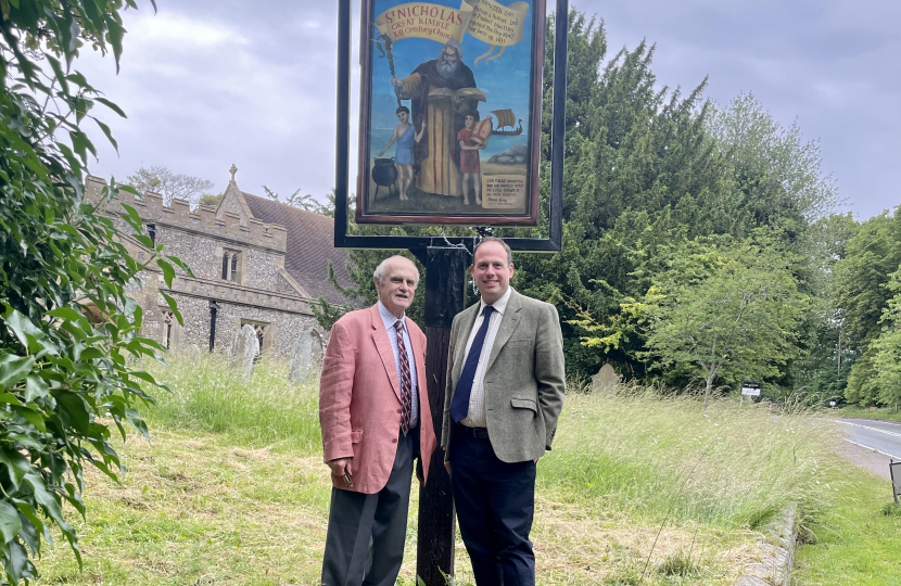 Greg with the Earl of Buckinghamshire and the restored sign.