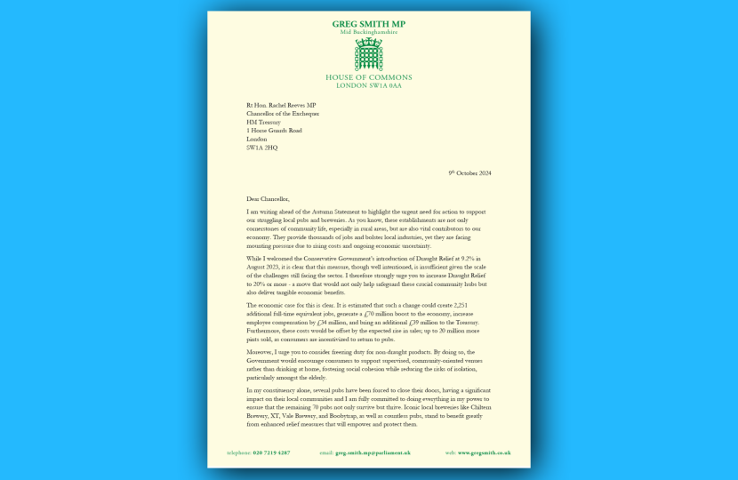 Letter to Chancellor to Support Pubs & Breweries with CAMRA Drop-in