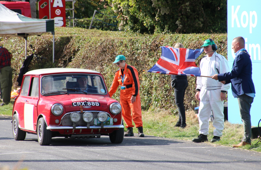 Greg goes up the hill in a Mini that competed in the 1965 Monte Carlo Rally.