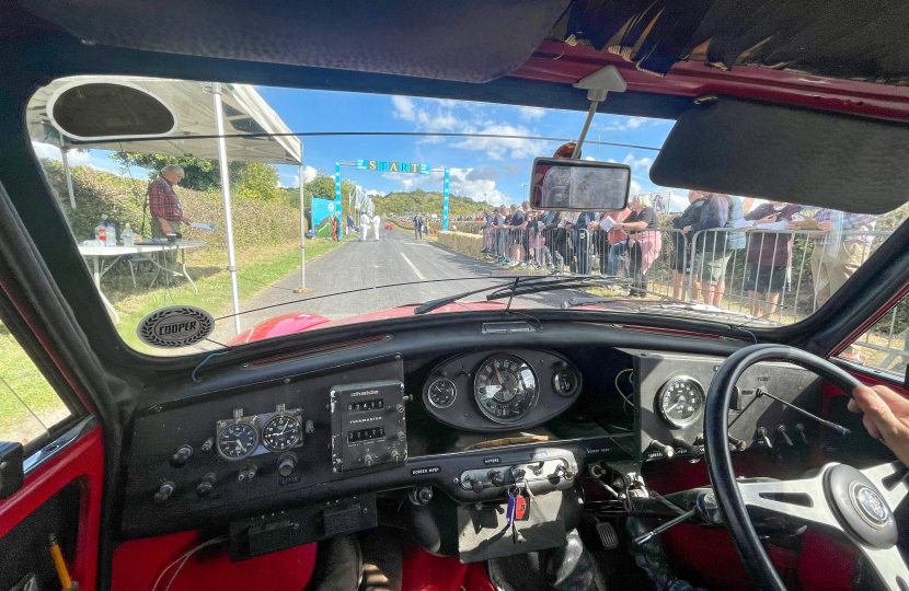 Greg goes up the hill in a Mini that competed in the 1965 Monte Carlo Rally.