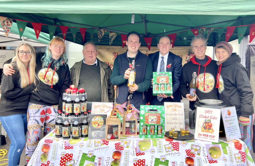 Greg with Cllrs Goss and Chilver with the Rennie's Winslow Cider team.