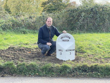 Greg visits restored mile-marker in Hillesden